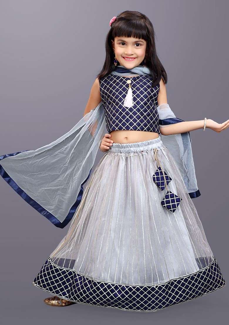 Grey Embroidered Blended Lehenga Choli For Girls - Indya