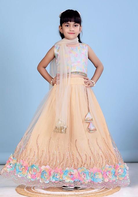 Beige Printed Blended Lehenga Choli For Girls
