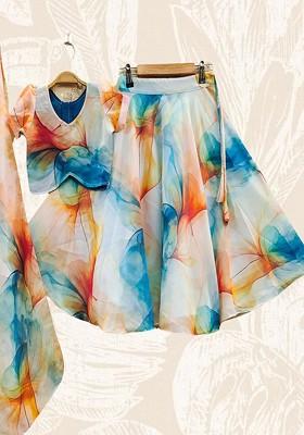 White Embroidered Blended Lehenga Choli For Girls