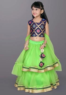 Lime Green Embroidered Blended Lehenga Choli For Girls