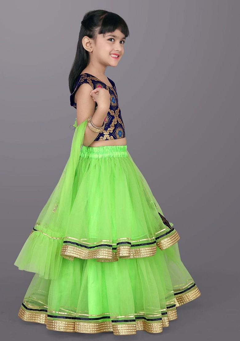 Lime Green Embroidered Blended Lehenga Choli For Girls - Indya