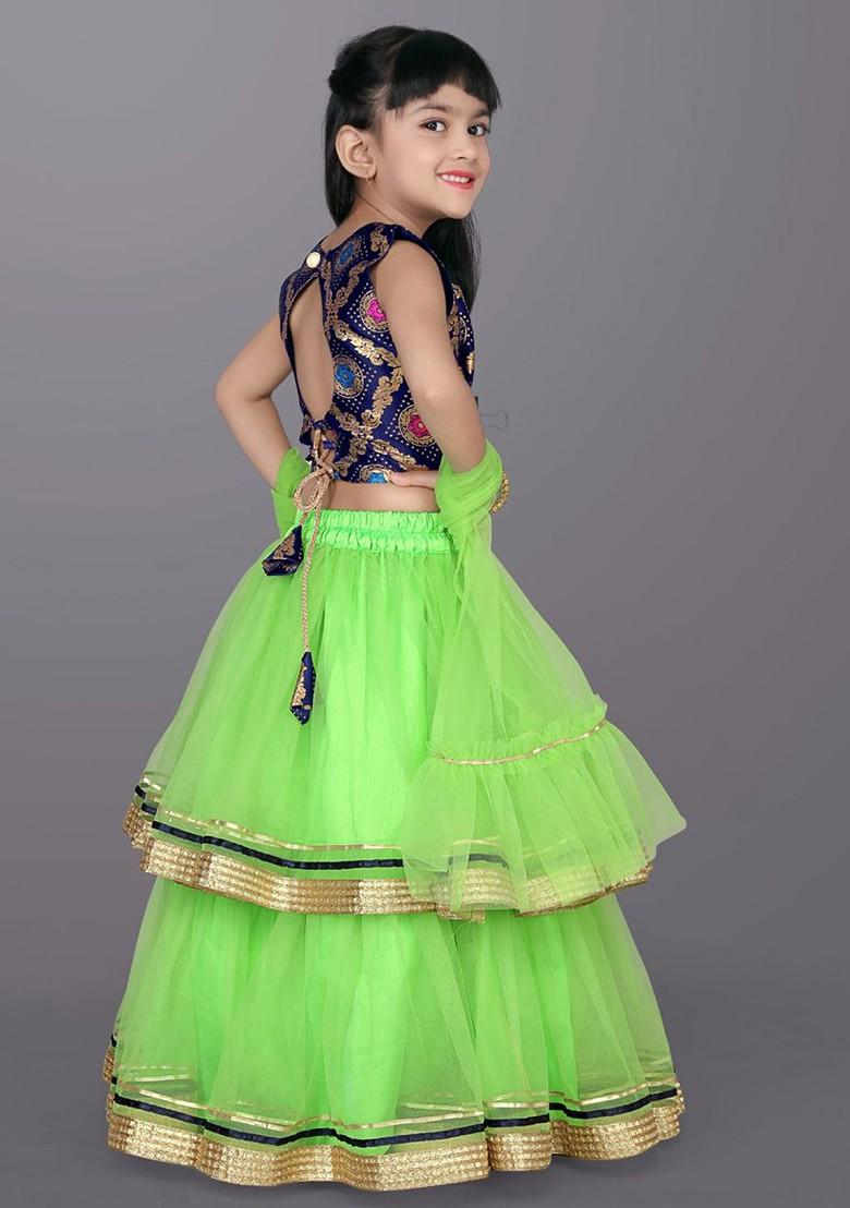 Lime Green Embroidered Blended Lehenga Choli For Girls - Indya