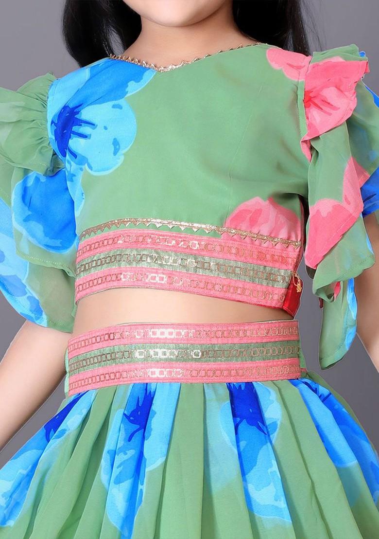 Green Printed Blended Lehenga Choli For Girls - Indya