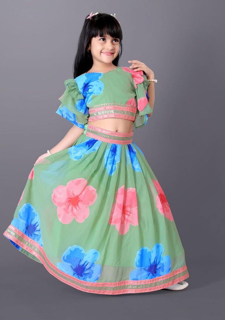 Green Printed Blended Lehenga Choli For Girls - Indya
