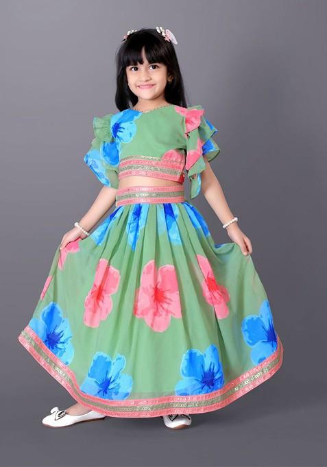 Green Printed Blended Lehenga Choli For Girls — view on Indya