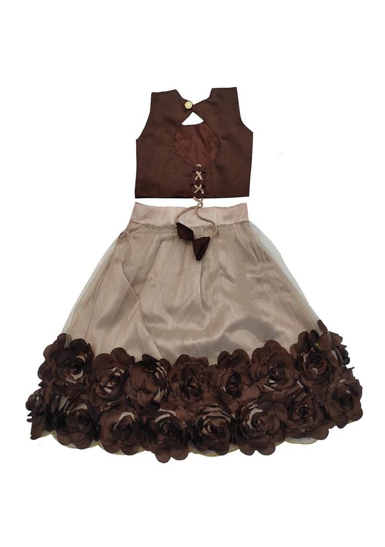 Beige Embroidered Net Lehenga Choli For Girls - Indya