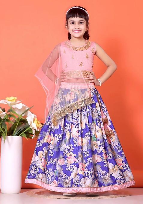 Blue Embroidered Blended Lehenga Choli For Girls