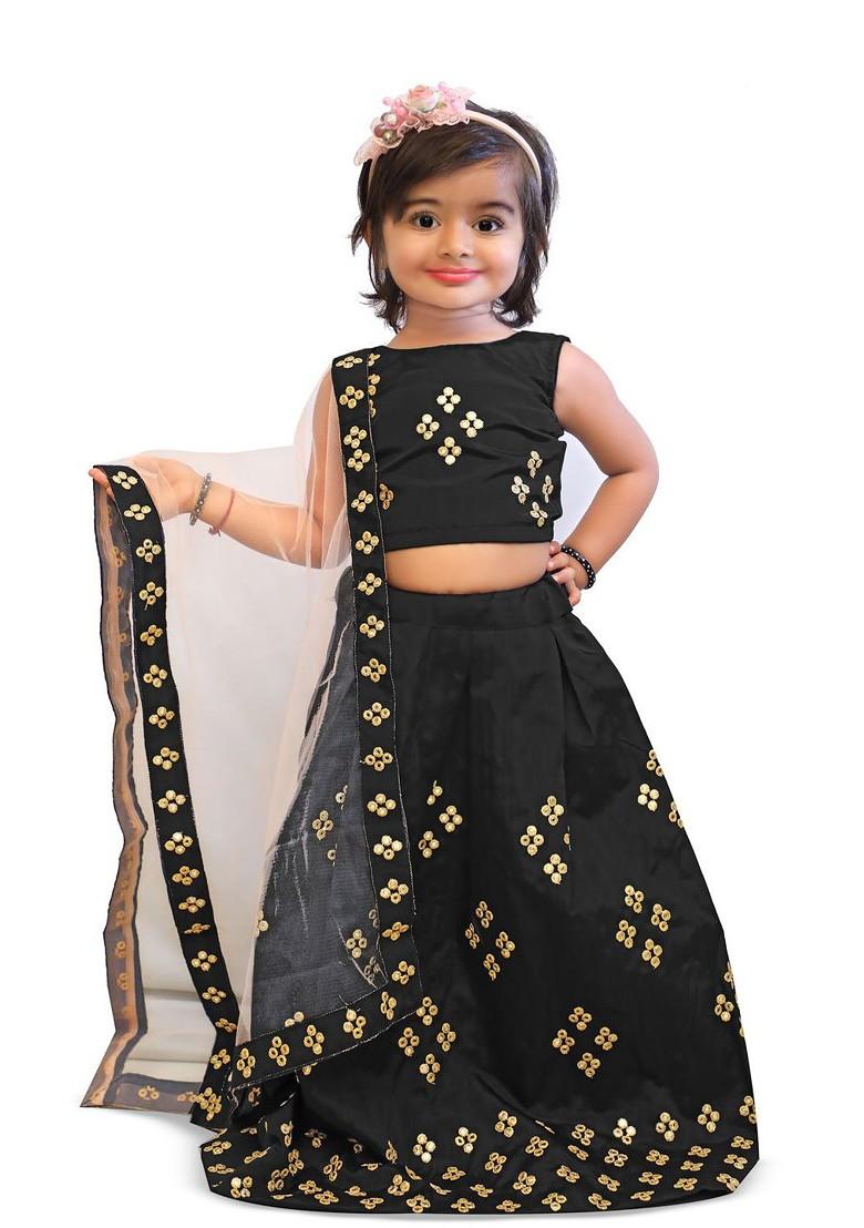 Black Embellished Blended Lehenga Choli For Girls - Indya