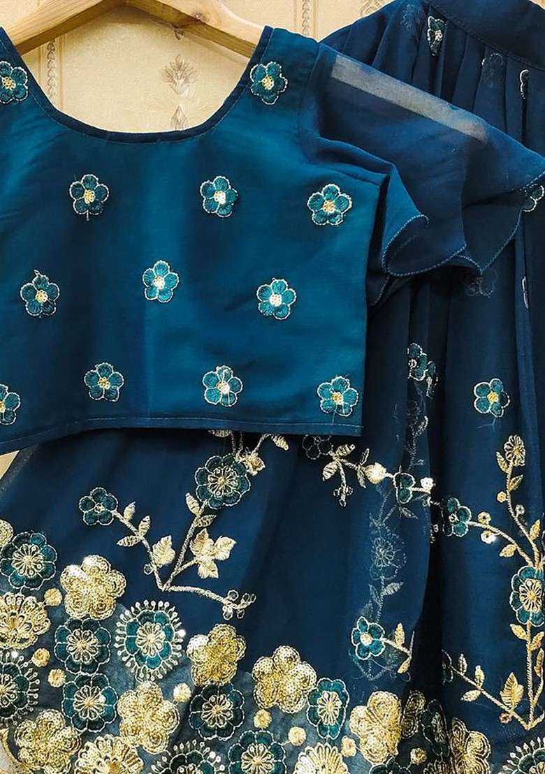 Teal Embroidered Georgette Lehenga Choli For Girls - Indya