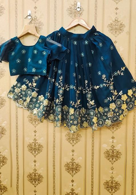 Teal Embroidered Georgette Lehenga Choli For Girls — view on Indya