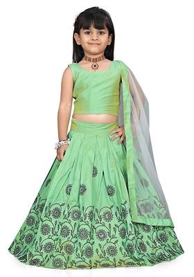 Sea Green Embroidered Blended Lehenga Choli For Girls