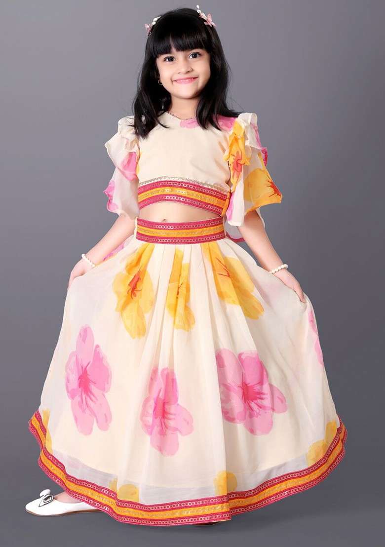 Off White Printed Silk Lehenga Choli For Girls - Indya