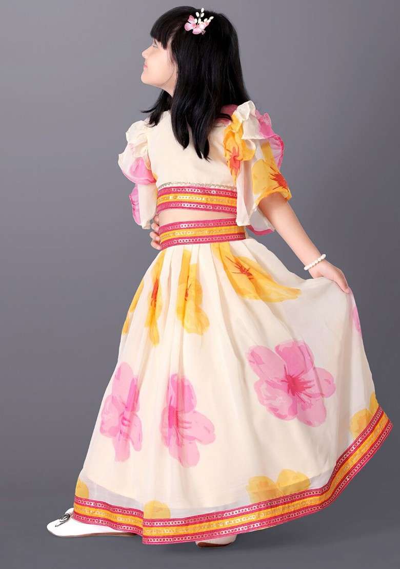 Off White Printed Silk Lehenga Choli For Girls - Indya
