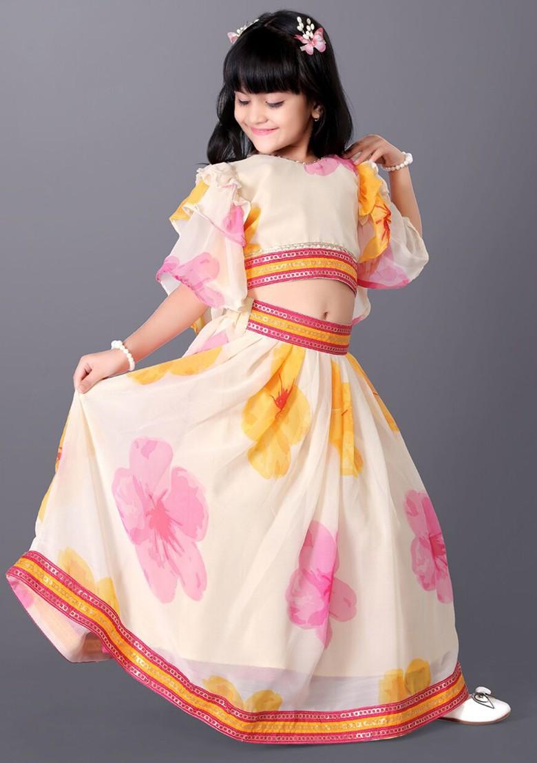 Off White Printed Silk Lehenga Choli For Girls - Indya