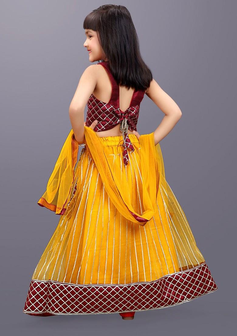 Mustard Embroidered Blended Lehenga Choli For Girls - Indya