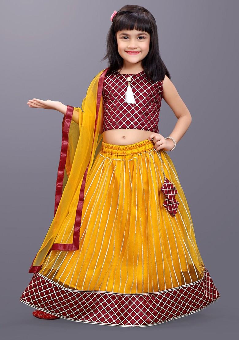 Mustard Embroidered Blended Lehenga Choli For Girls - Indya