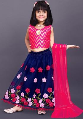 Navy Blue Printed Blended Lehenga Choli For Girls