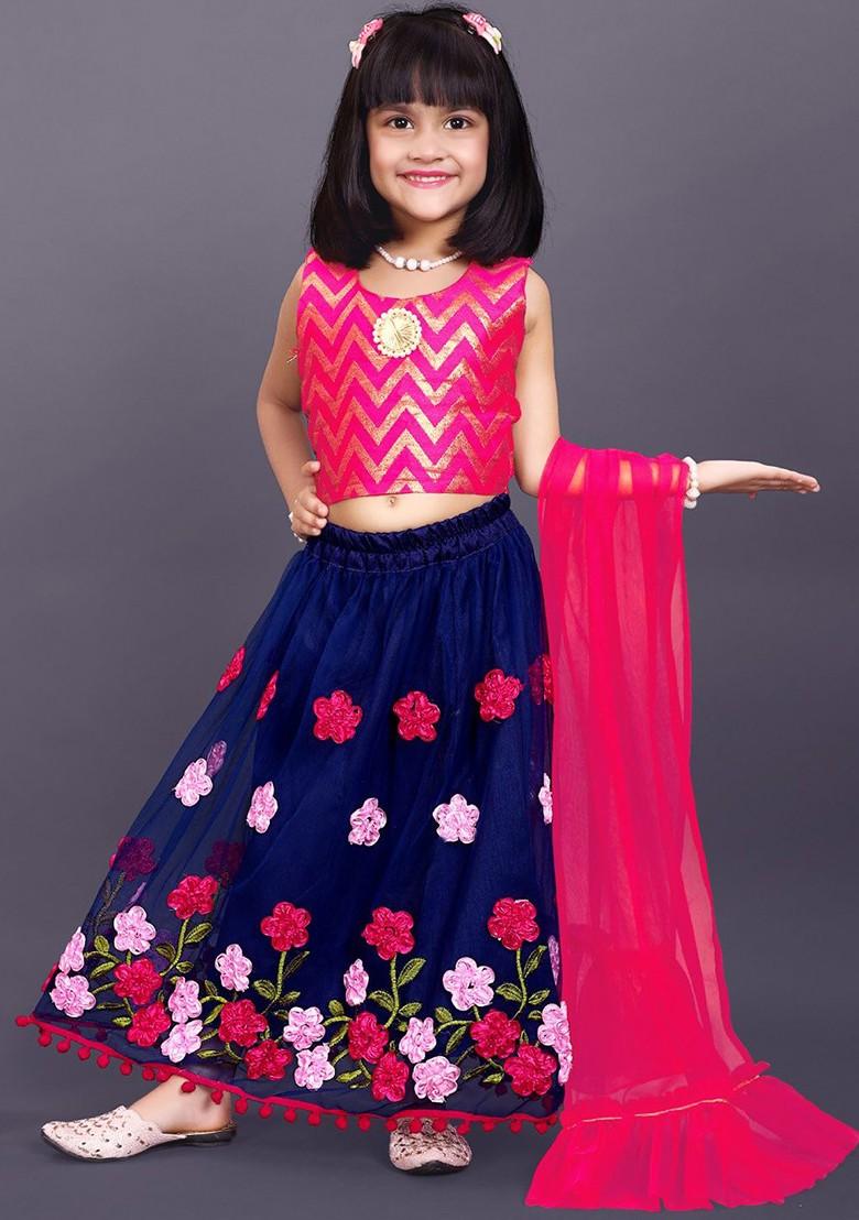 Navy Blue Printed Blended Lehenga Choli For Girls - Indya