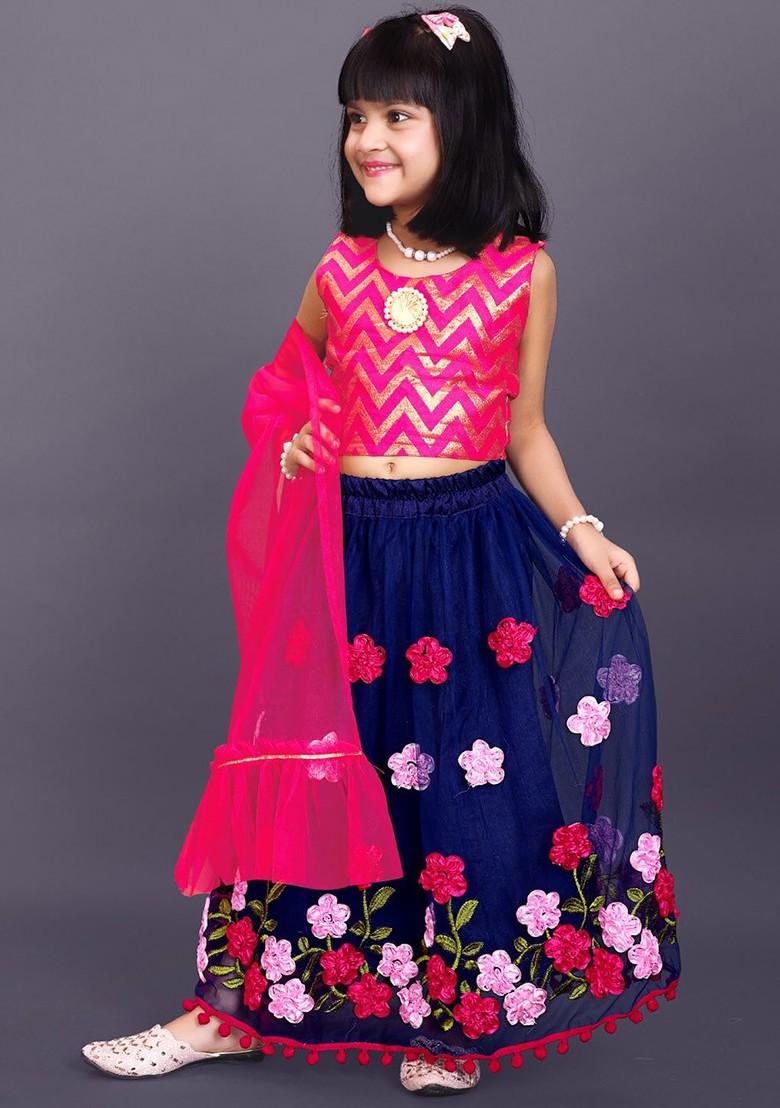 Navy Blue Printed Blended Lehenga Choli For Girls - Indya