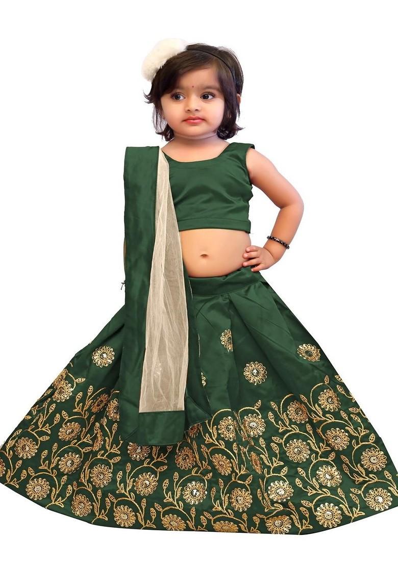 Green Embroidered Net Lehenga Choli For Girls - Indya