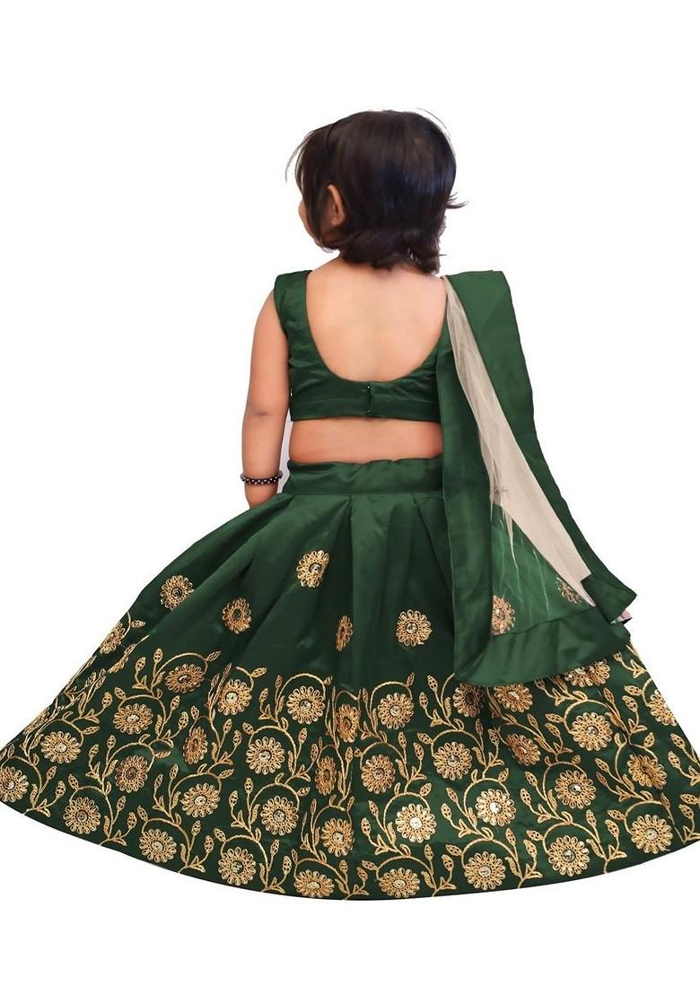 Green Embroidered Net Lehenga Choli For Girls - Indya