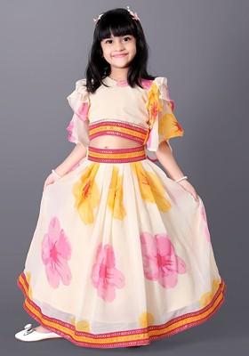 Off White Printed Silk Lehenga Choli For Girls