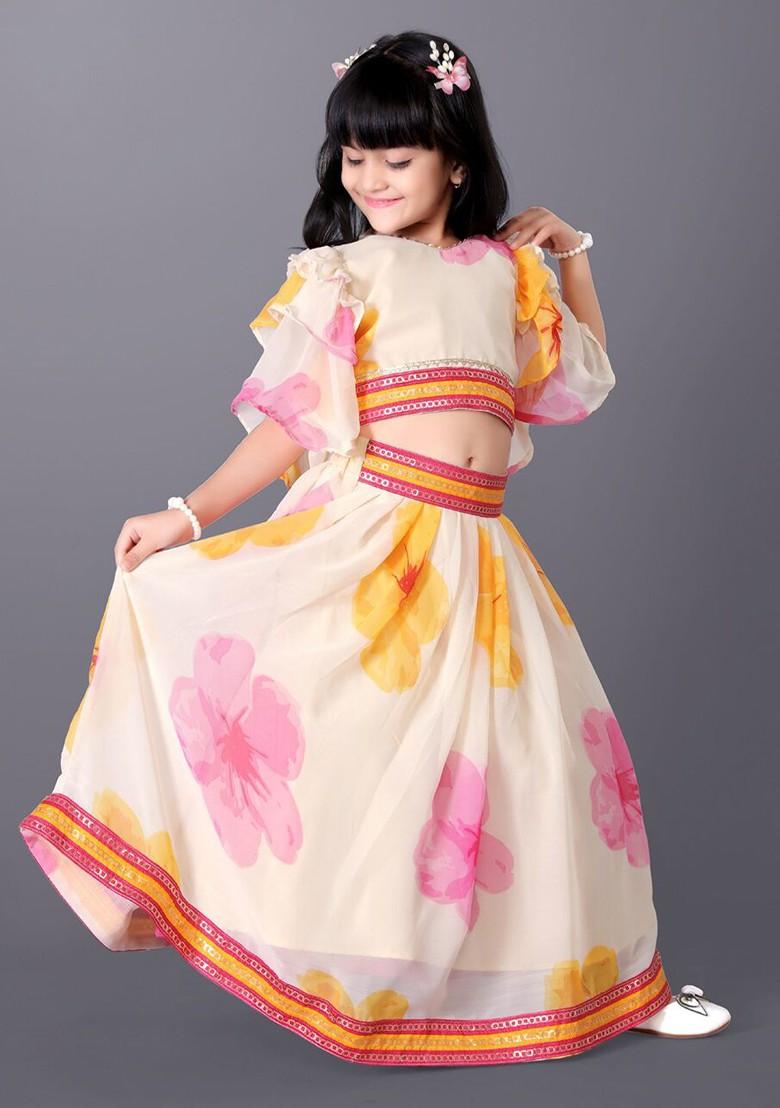 Off White Printed Silk Lehenga Choli For Girls - Indya