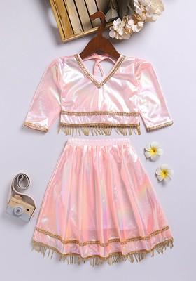 Pink Embellished Blended Lehenga Choli For Girls