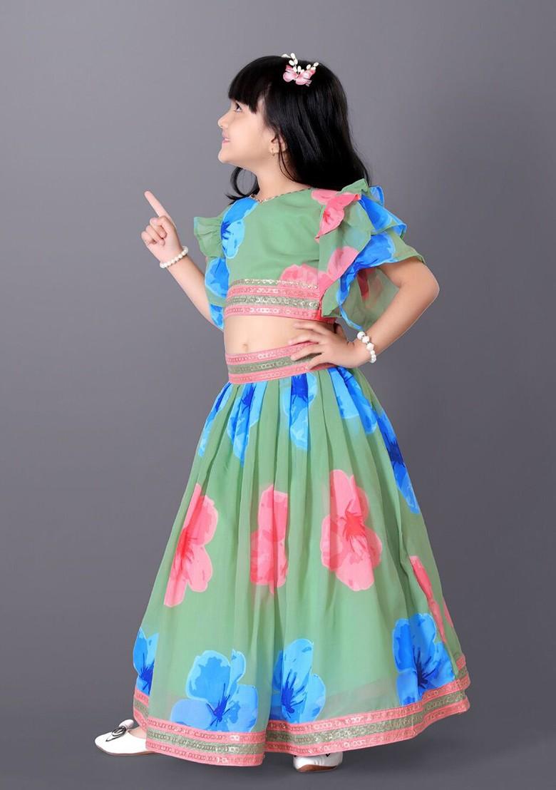 Green Printed Silk Lehenga Choli For Girls - Indya