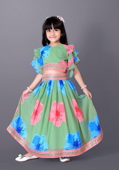 Green Printed Silk Lehenga Choli For Girls — view on Indya