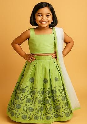 Sea Green Embellished Blended Lehenga Choli For Girls