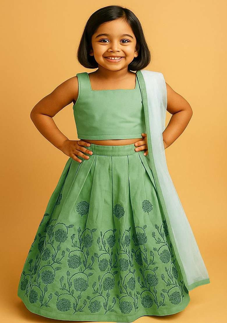 Sea Green Embellished Blended Lehenga Choli For Girls - Indya