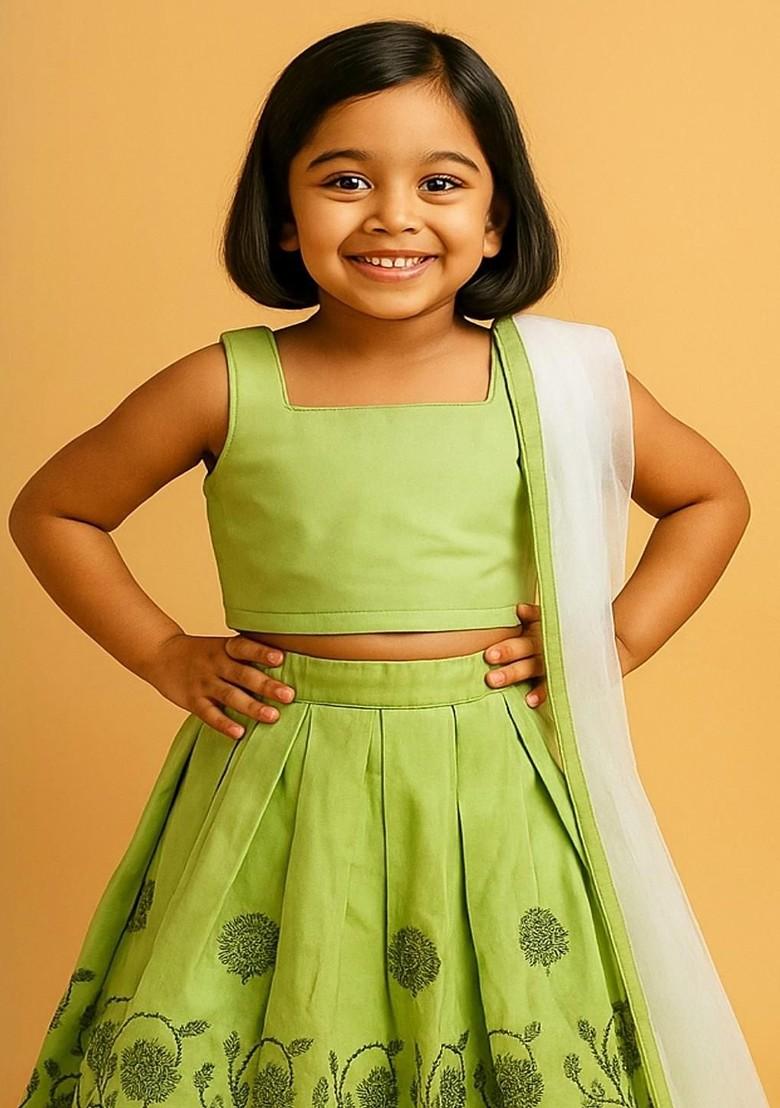 Sea Green Embellished Blended Lehenga Choli For Girls - Indya