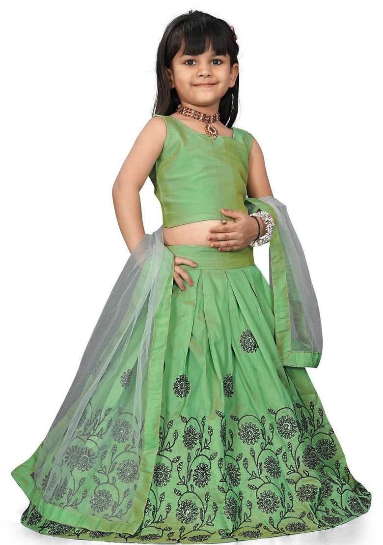 Sea Green Embellished Blended Lehenga Choli For Girls - Indya