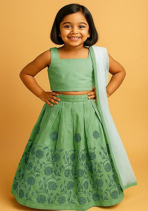 Sea Green Embellished Blended Lehenga Choli For Girls