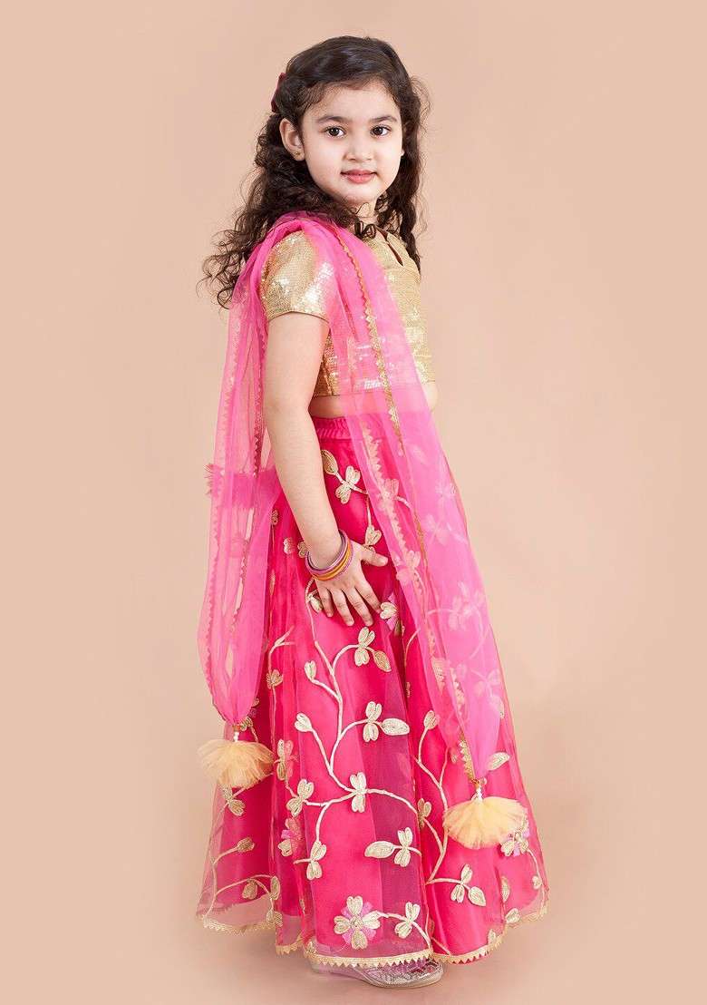 Fuchsia Embellished Blended Lehenga Choli For Girls - Indya
