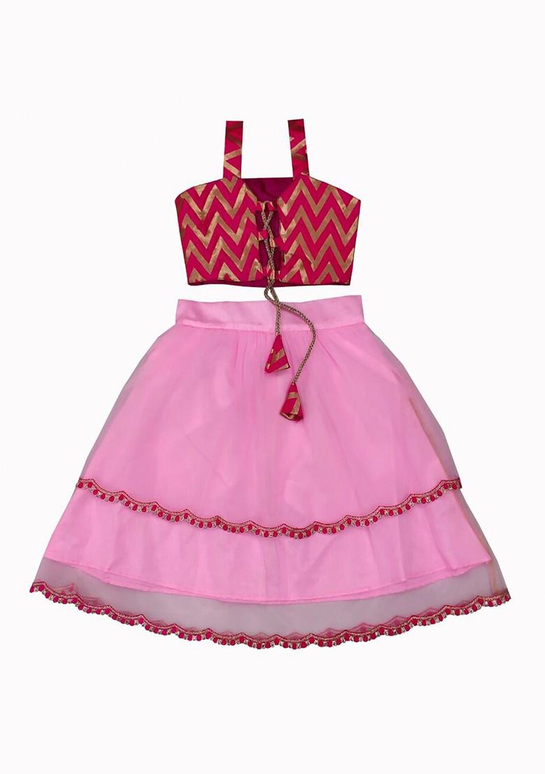 Pink Printed Blended Lehenga Choli For Girls - Indya