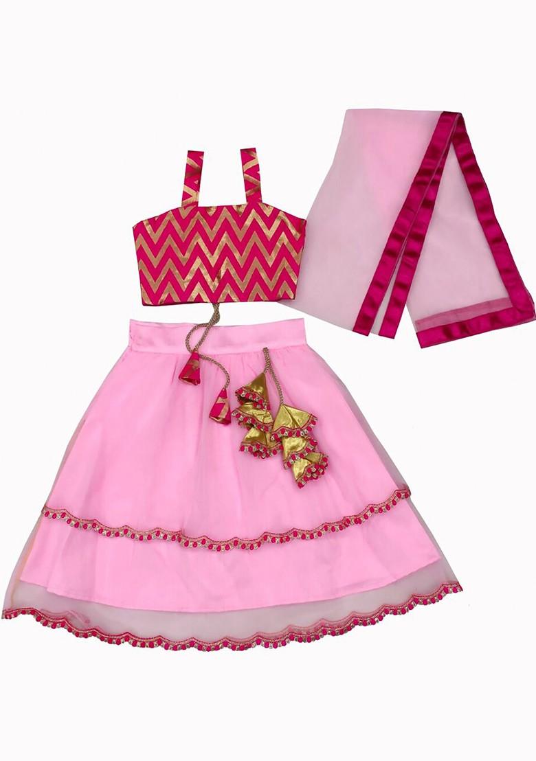 Pink Printed Blended Lehenga Choli For Girls - Indya