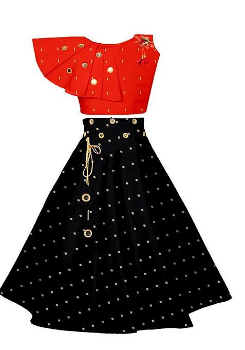 Red Embroidered Blended Lehenga Choli For Girls