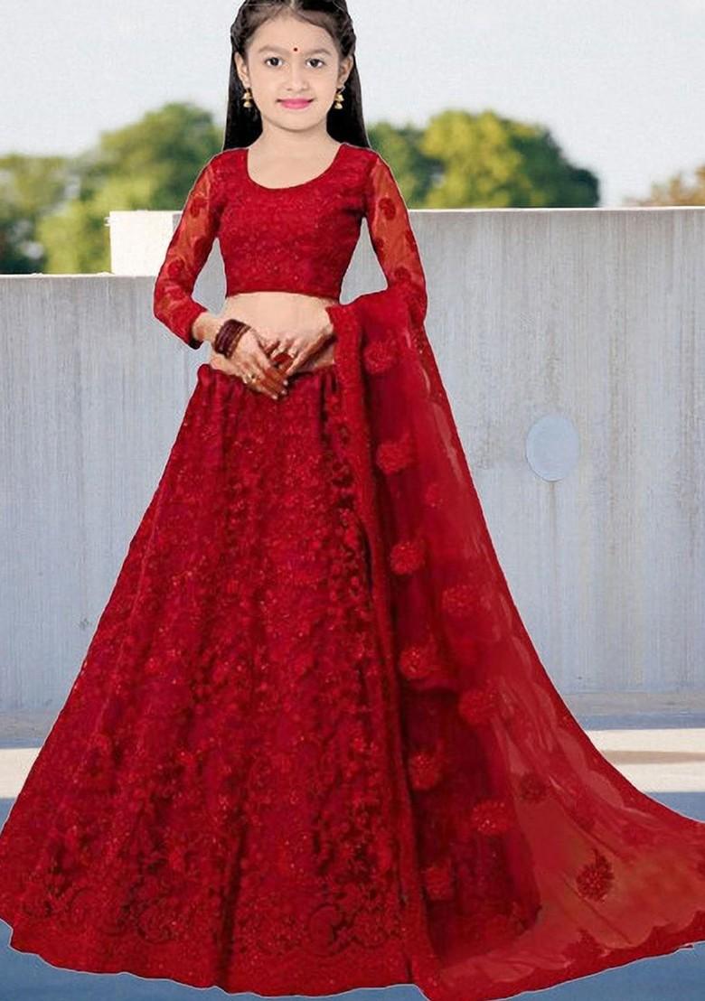 Red Embroidered Blended Lehenga Choli For Girls - Indya