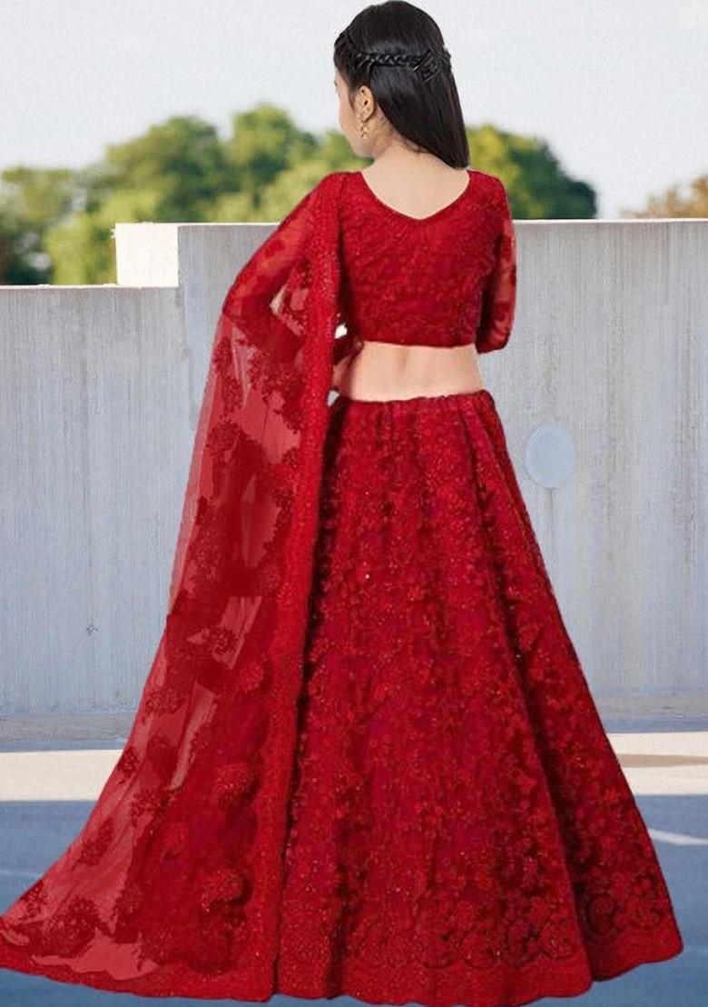Red Embroidered Blended Lehenga Choli For Girls - Indya