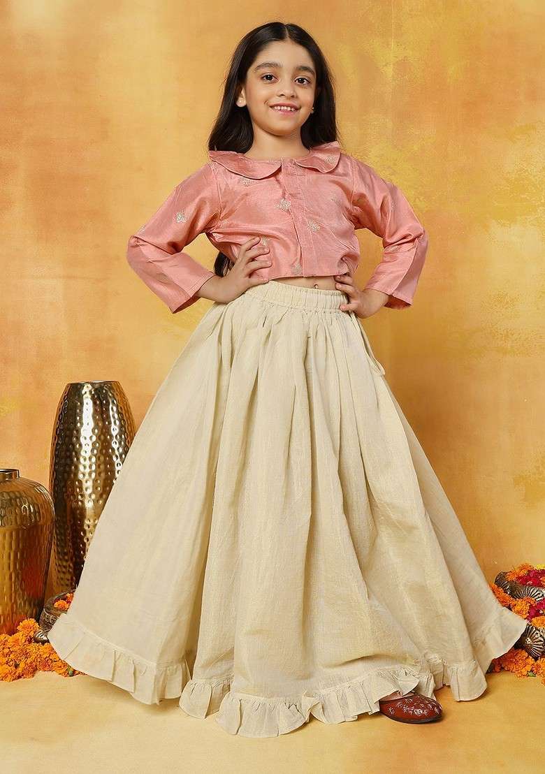 Peach Embroidered Blended Lehenga Choli For Girls - Indya