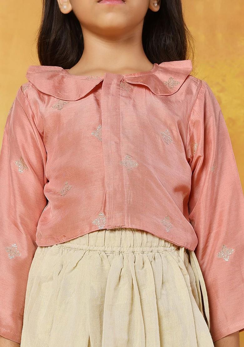 Peach Embroidered Blended Lehenga Choli For Girls - Indya