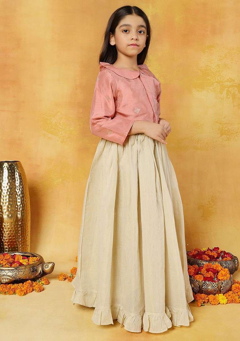 Peach Embroidered Blended Lehenga Choli For Girls - Indya