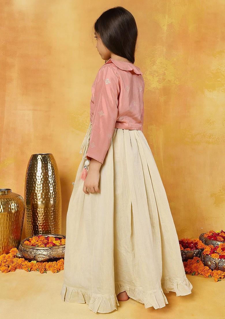 Peach Embroidered Blended Lehenga Choli For Girls - Indya