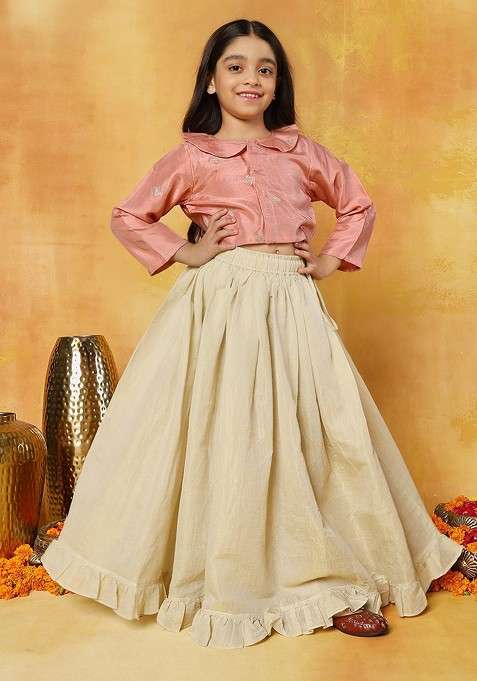 Peach Embroidered Blended Lehenga Choli For Girls