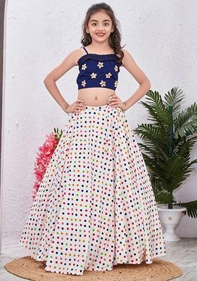 Navy Blue Embroidered Blended Lehenga Choli For Girls