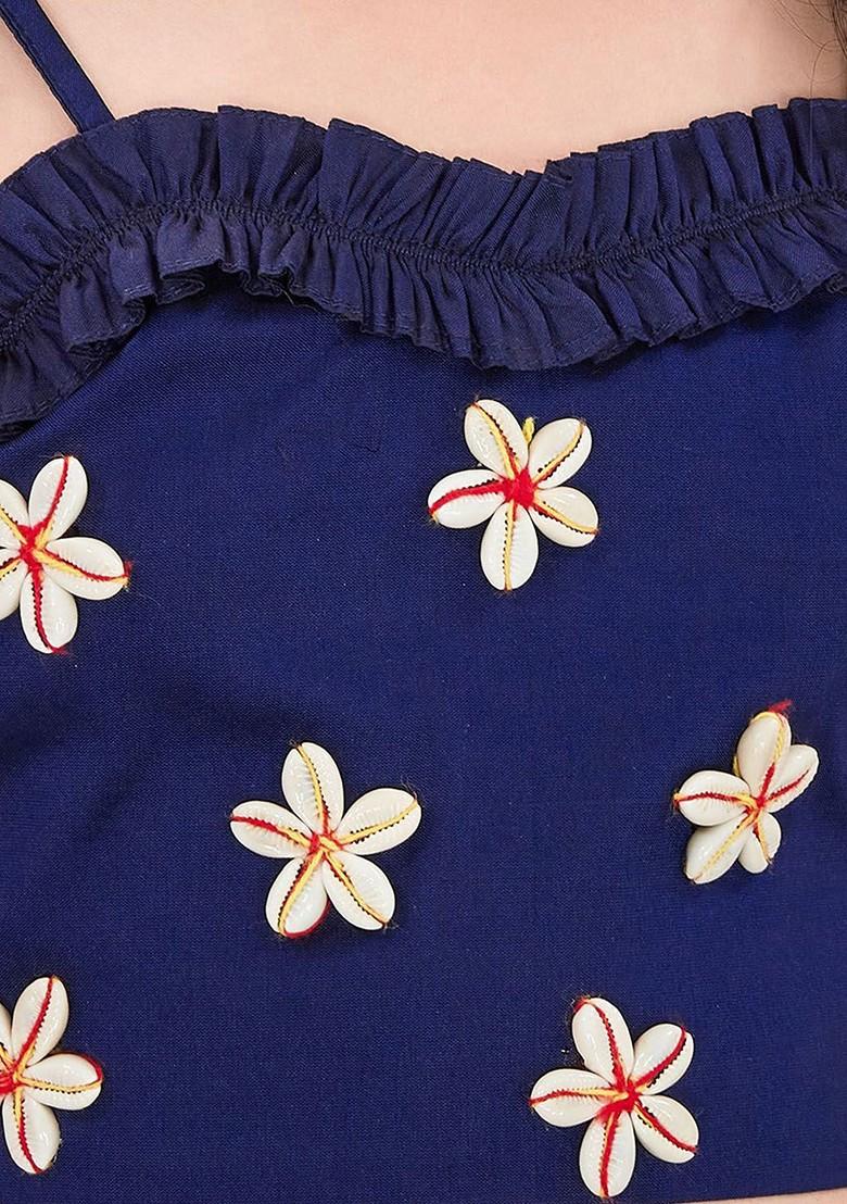 Navy Blue Embroidered Blended Lehenga Choli For Girls - Indya