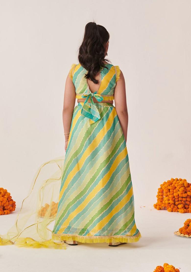 Green Printed Blended Lehenga Choli For Girls - Indya