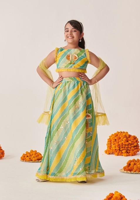 Green Printed Blended Lehenga Choli For Girls — view on Indya